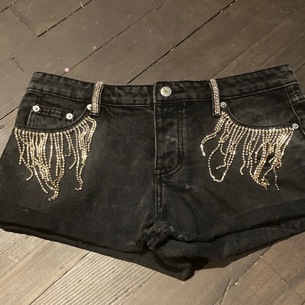 Black Jean Shorts with Gold Sequin Fringe